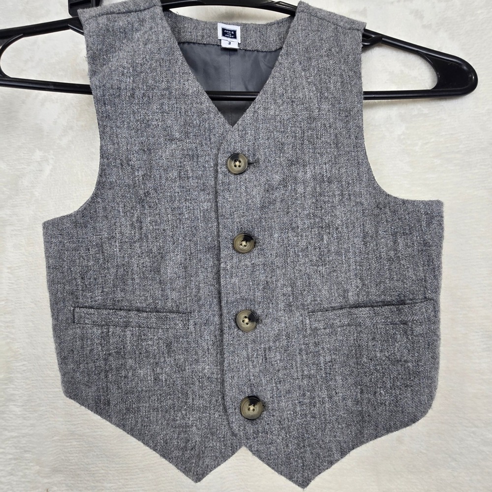 Janie and Jack Boys Grey Wool Blend Formal Suit Vest Size 3 Adjustable‎ Back